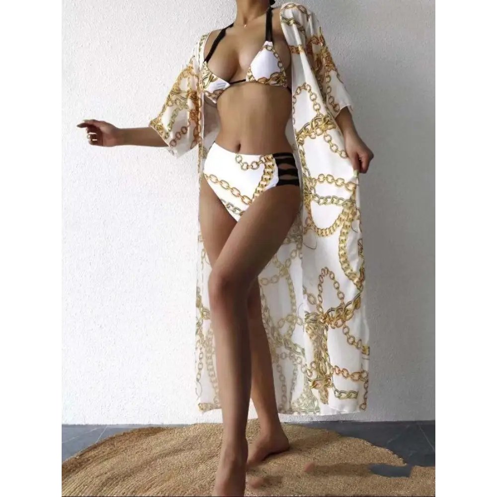 Fashion Floral High Waist Tassel European Free Size Bikini With Coat Split - Beige / S