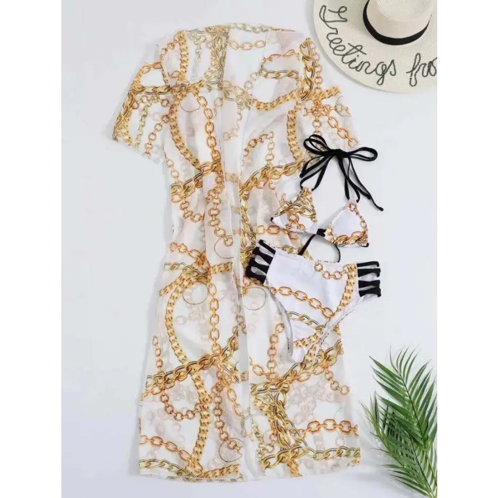 Fashion Floral High Waist Tassel European Free Size Bikini With Coat Split