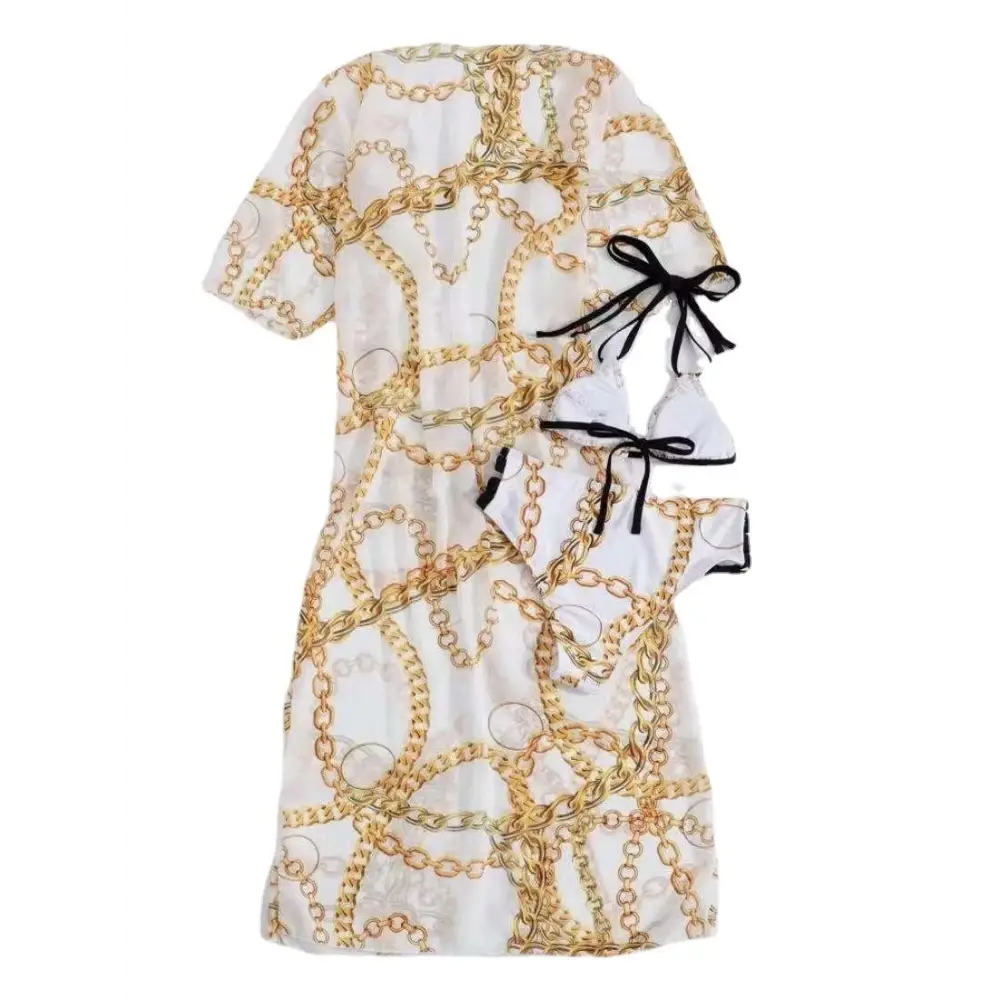 Fashion Floral High Waist Tassel European Free Size Bikini With Coat Split