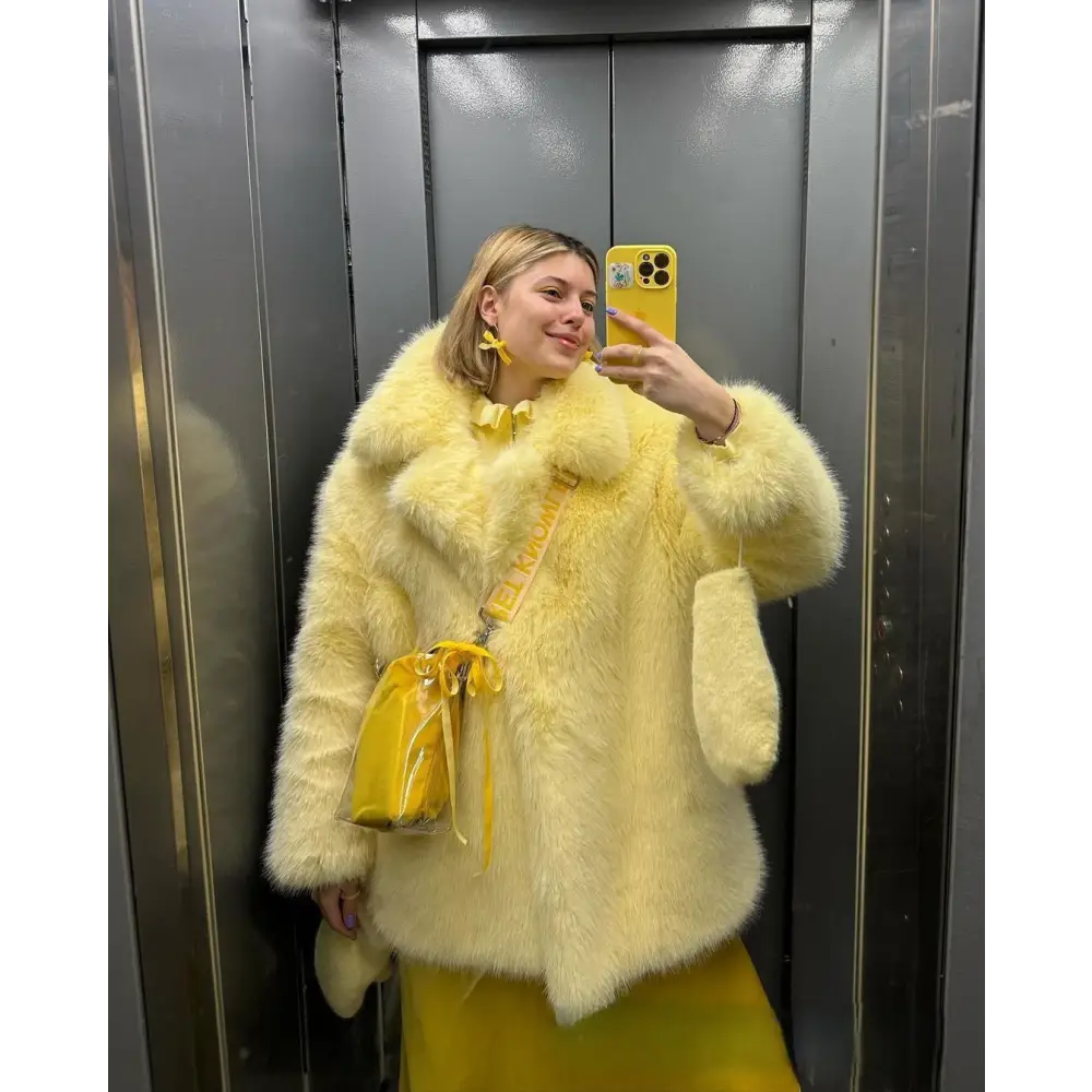 Yellow faux fur coat.