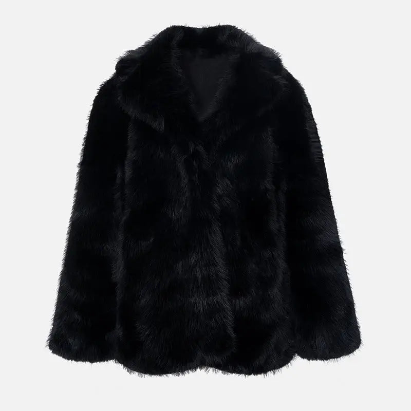 Black faux fur coat.