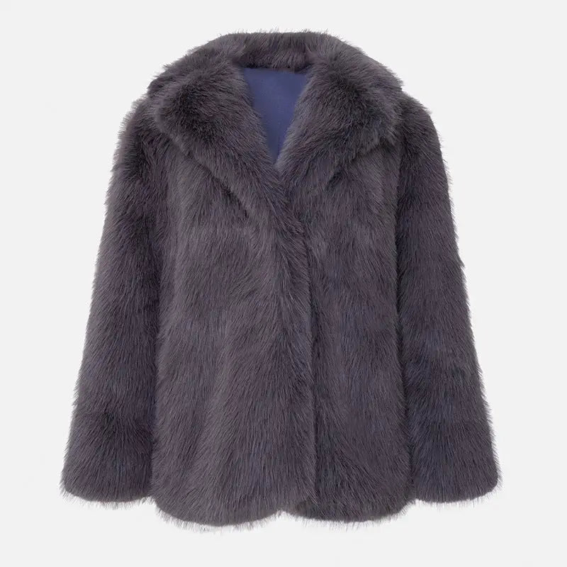 Gray faux fur coat.