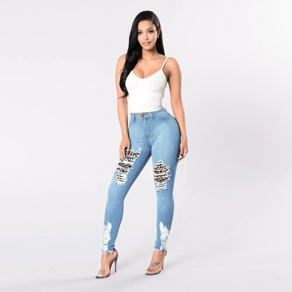Feline Stitch Denim Slims - Light Blue / S