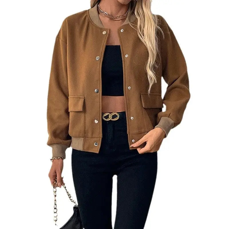 Brown button-up bomber jacket.