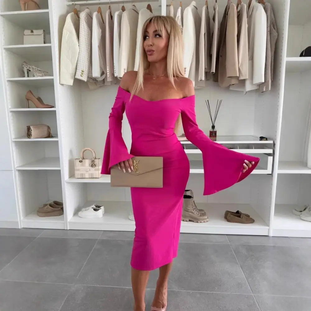 FlareFlow: Chic Solid Off-Neck Long Sleeve Dress