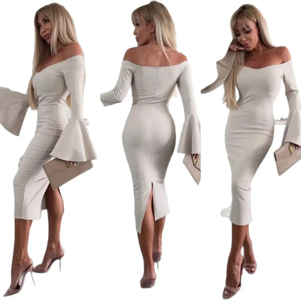 FlareFlow: Chic Solid Off-Neck Long Sleeve Dress