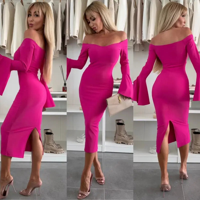 FlareFlow: Chic Solid Off-Neck Long Sleeve Dress