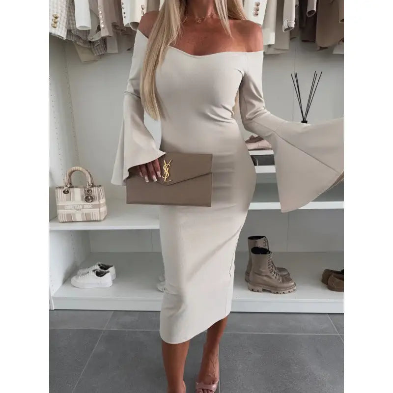 FlareFlow: Chic Solid Off-Neck Long Sleeve Dress - Apricot / S