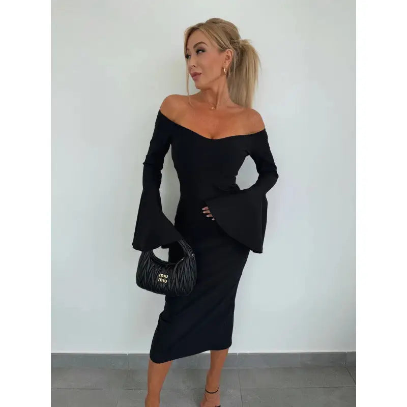 FlareFlow: Chic Solid Off-Neck Long Sleeve Dress - Black / S