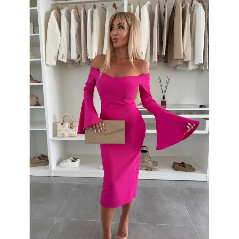 FlareFlow: Chic Solid Off-Neck Long Sleeve Dress - Rose Red / S