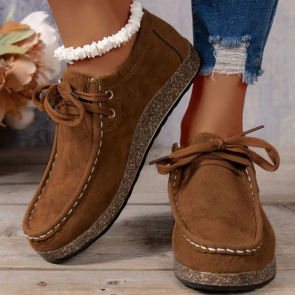 Flat Heel PU Shoes with Round Toe and Rubber Sole in Multiple Colors - Brown / 36