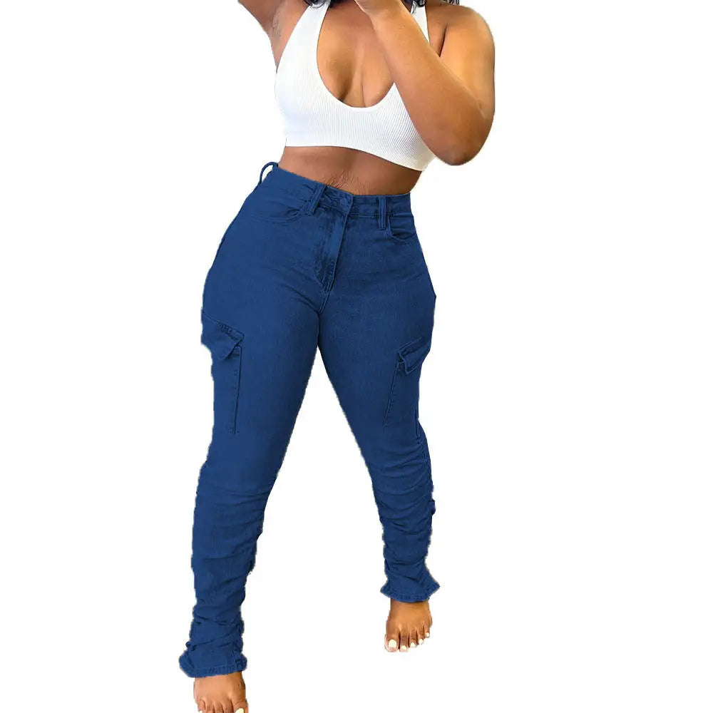 FlexiFit Low Waist Pleat Pocket Jeans - Dark Blue / S