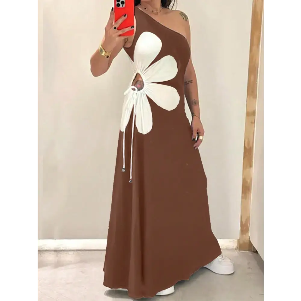 Floral Sling Shoulder Dress - Brown / S
