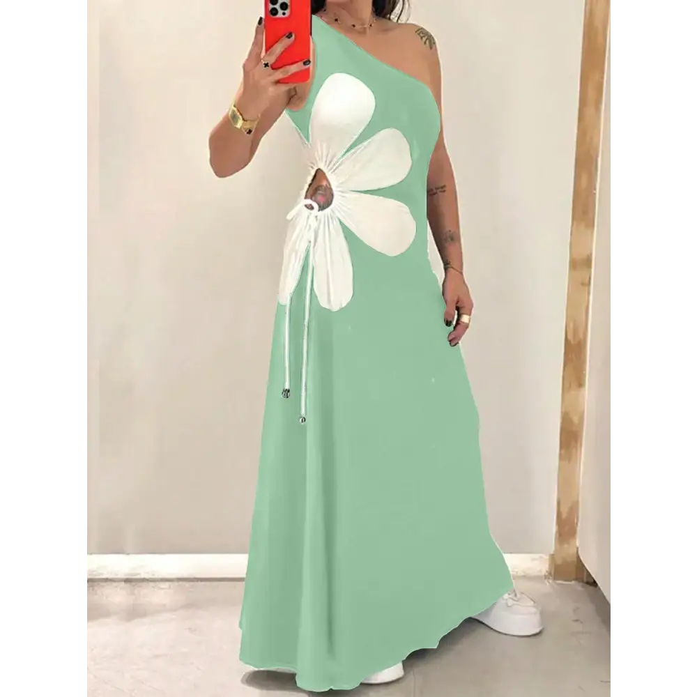 Floral Sling Shoulder Dress - Light Green / S