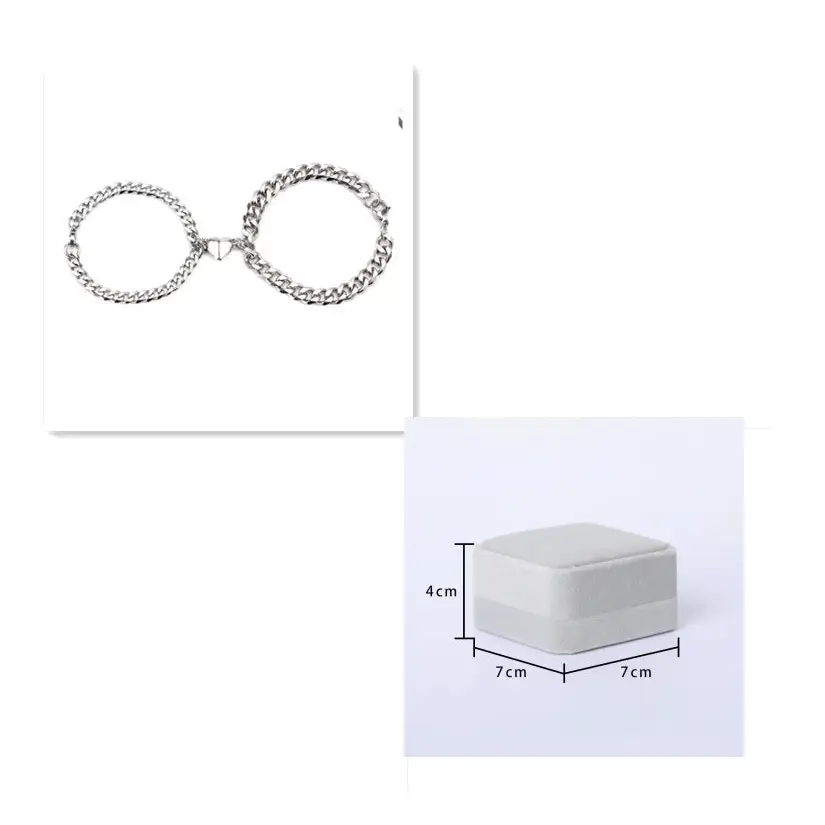 Silver chain bracelets and a gray jewelry box.