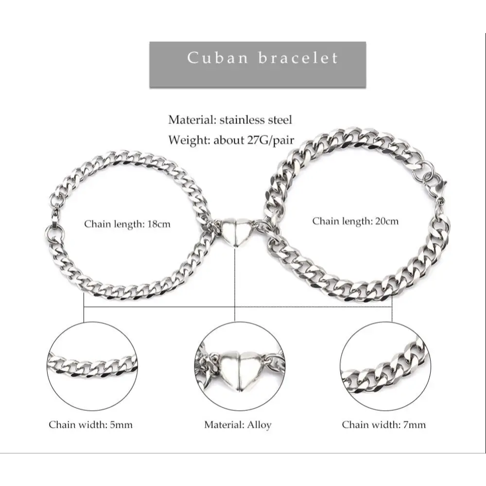 Matching stainless steel Cuban link bracelets with alloy heart clasps.