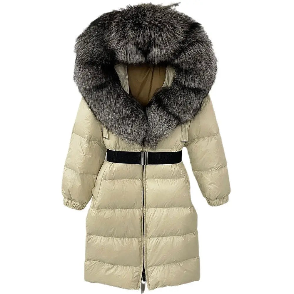 Beige down coat with fur-trimmed hood and black belt.