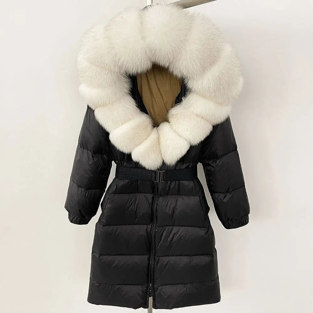 Black puffer coat with white fur trim.