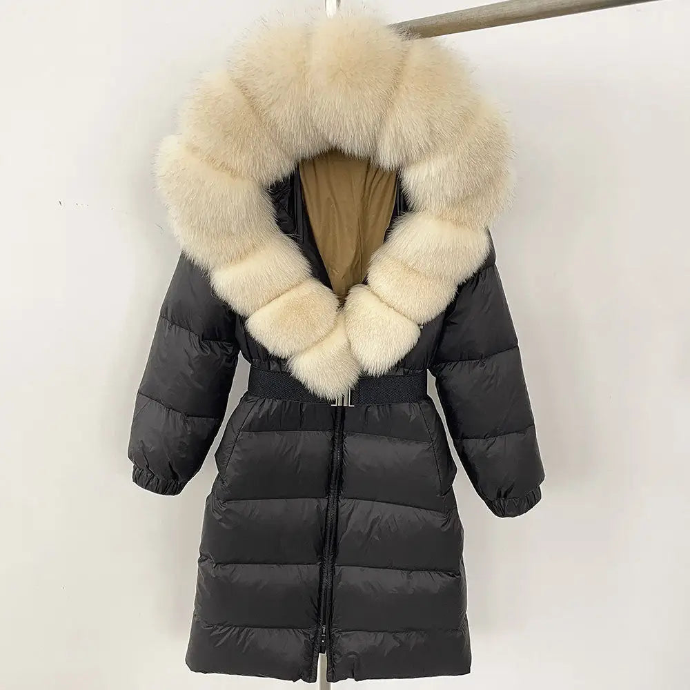 Black down coat with fur-trimmed hood.