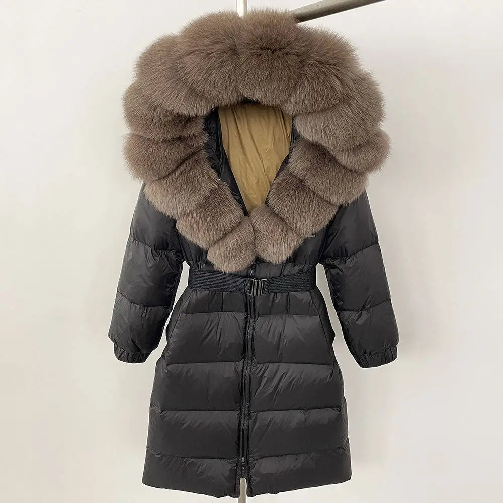 Black puffer coat with fur-trimmed hood.