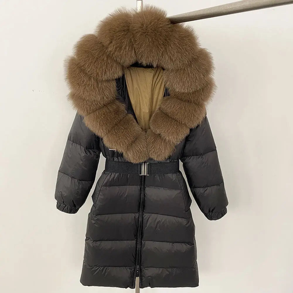Black down coat with fur-trimmed hood.