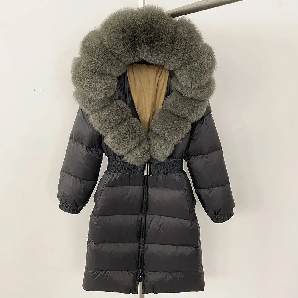 Black down coat with fur-trimmed hood.