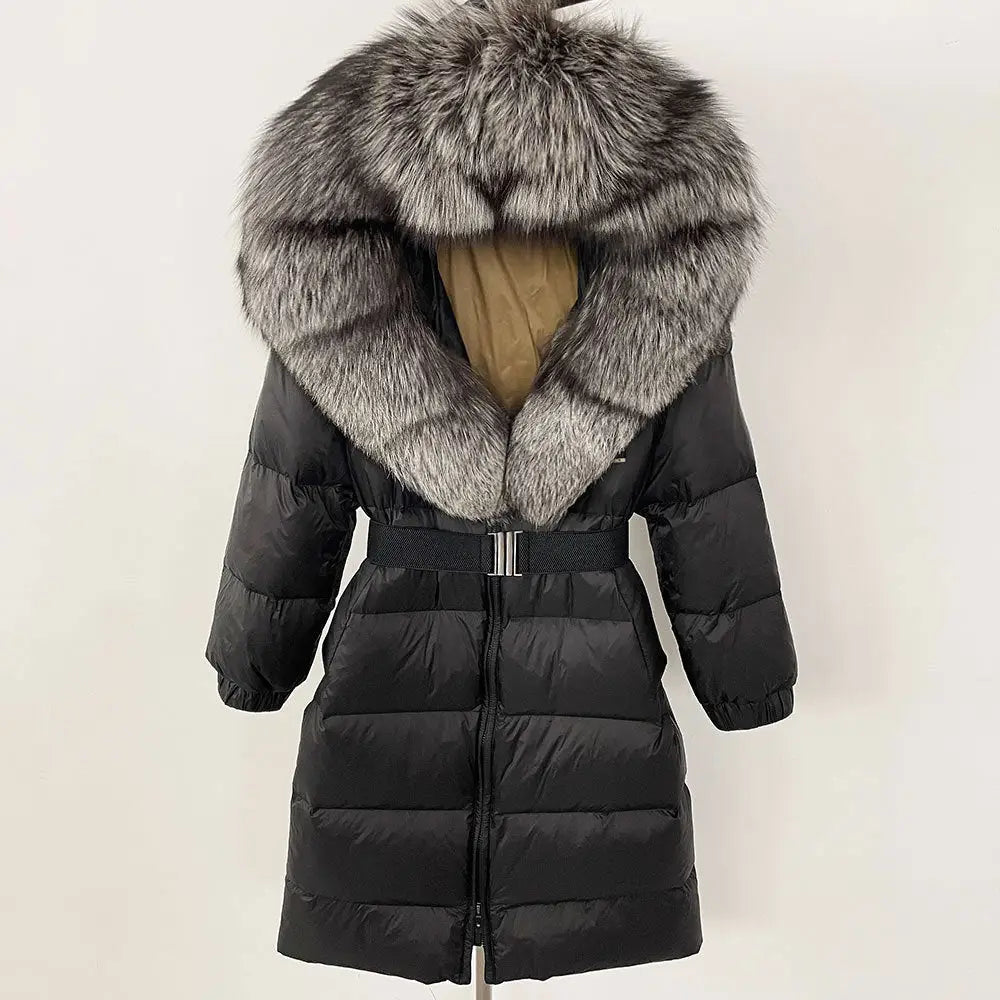 Black down coat with fur-trimmed hood.