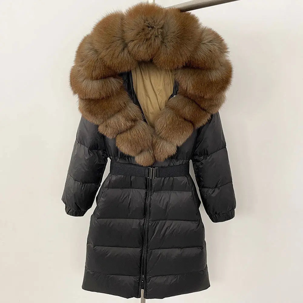 Black puffer coat with fur-trimmed hood.