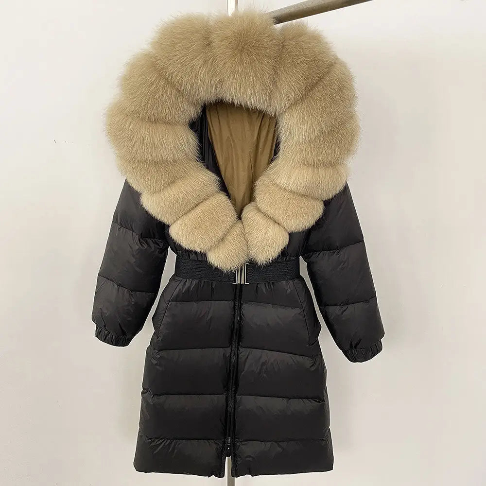 Black puffer coat with fur-trimmed hood.
