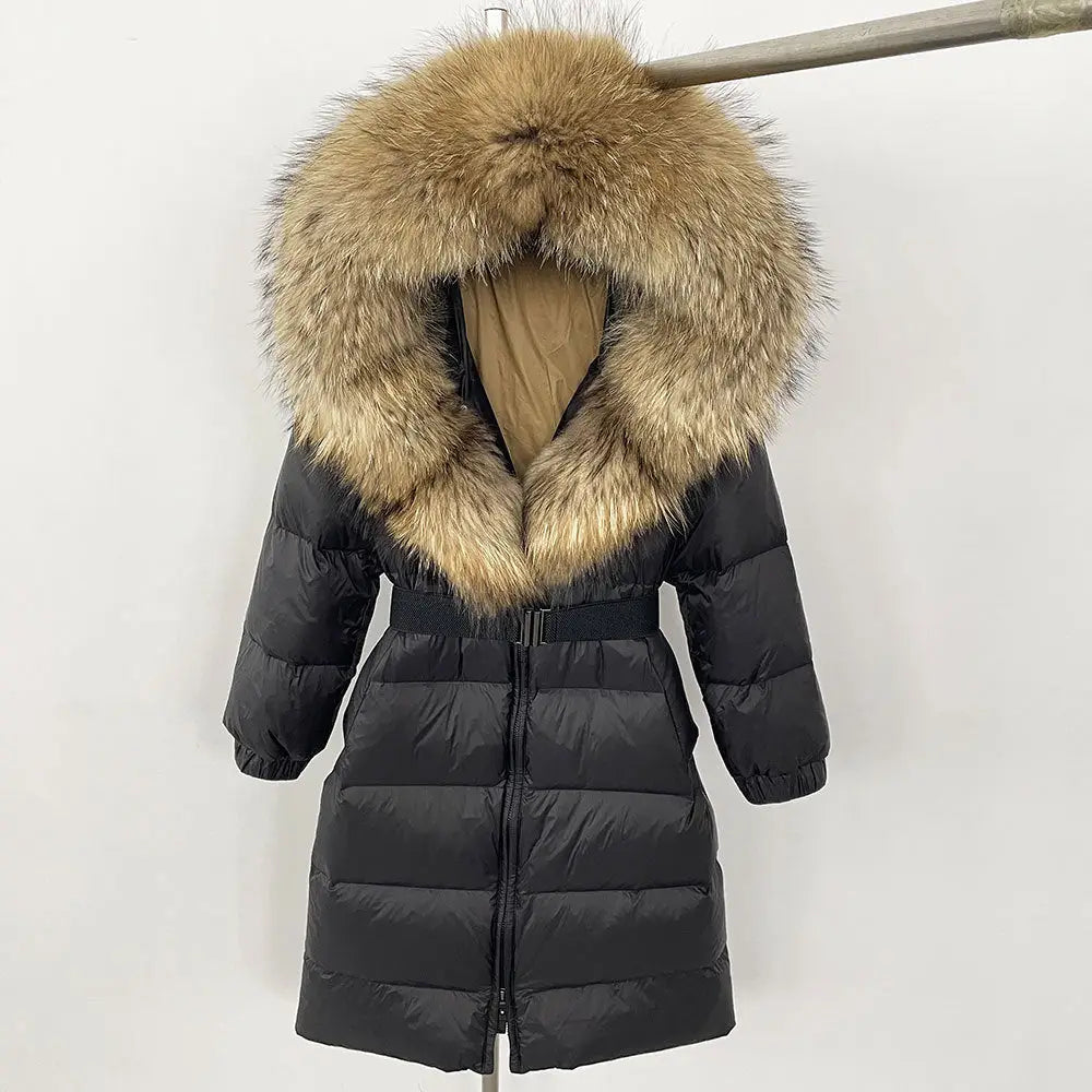 Black down coat with fur-trimmed hood.