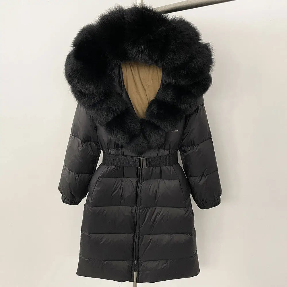 Black down coat with fur-trimmed hood.
