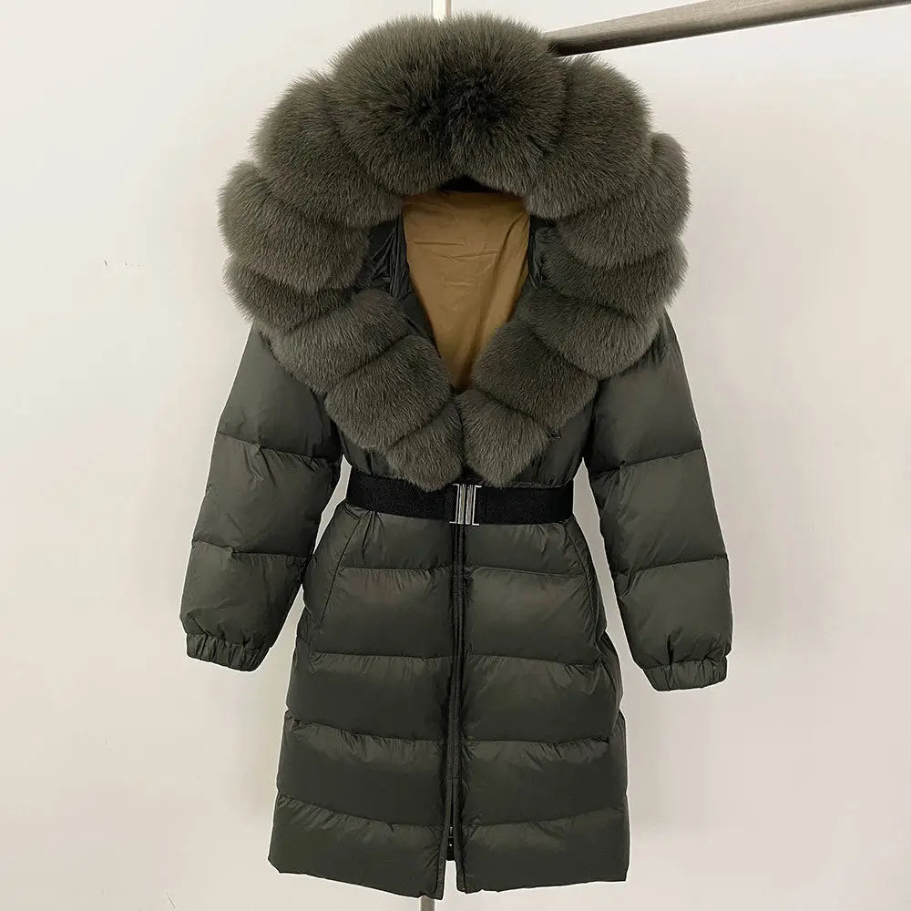 Olive green down coat with fur-trimmed hood.