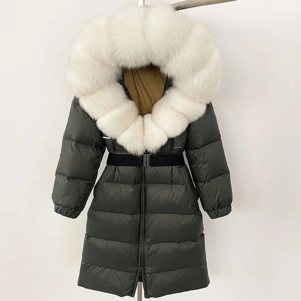 Olive green puffer coat with white fur hood.