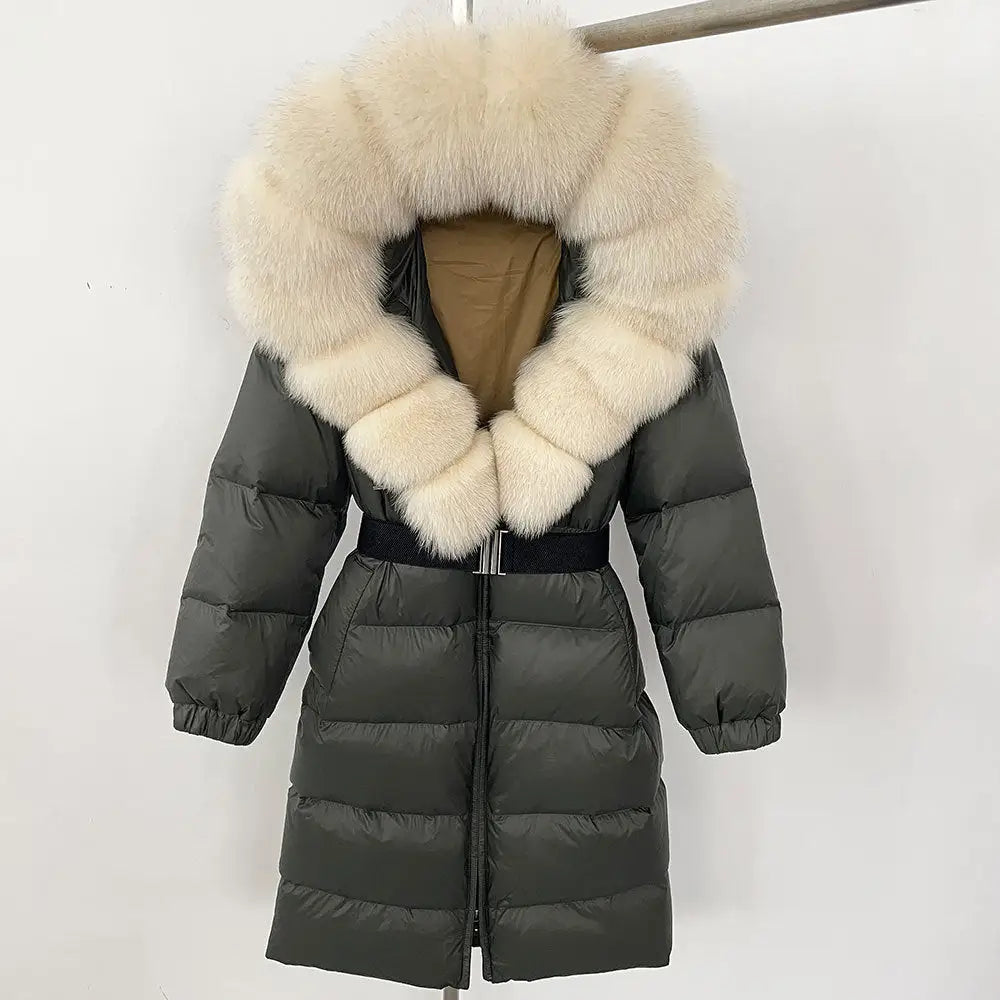 Olive green down coat with fur-trimmed hood.