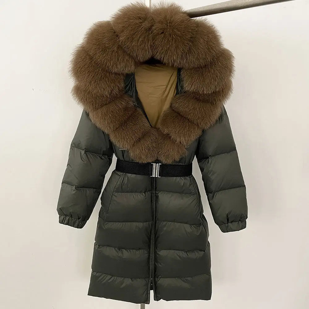 Olive green puffer coat with fur collar.