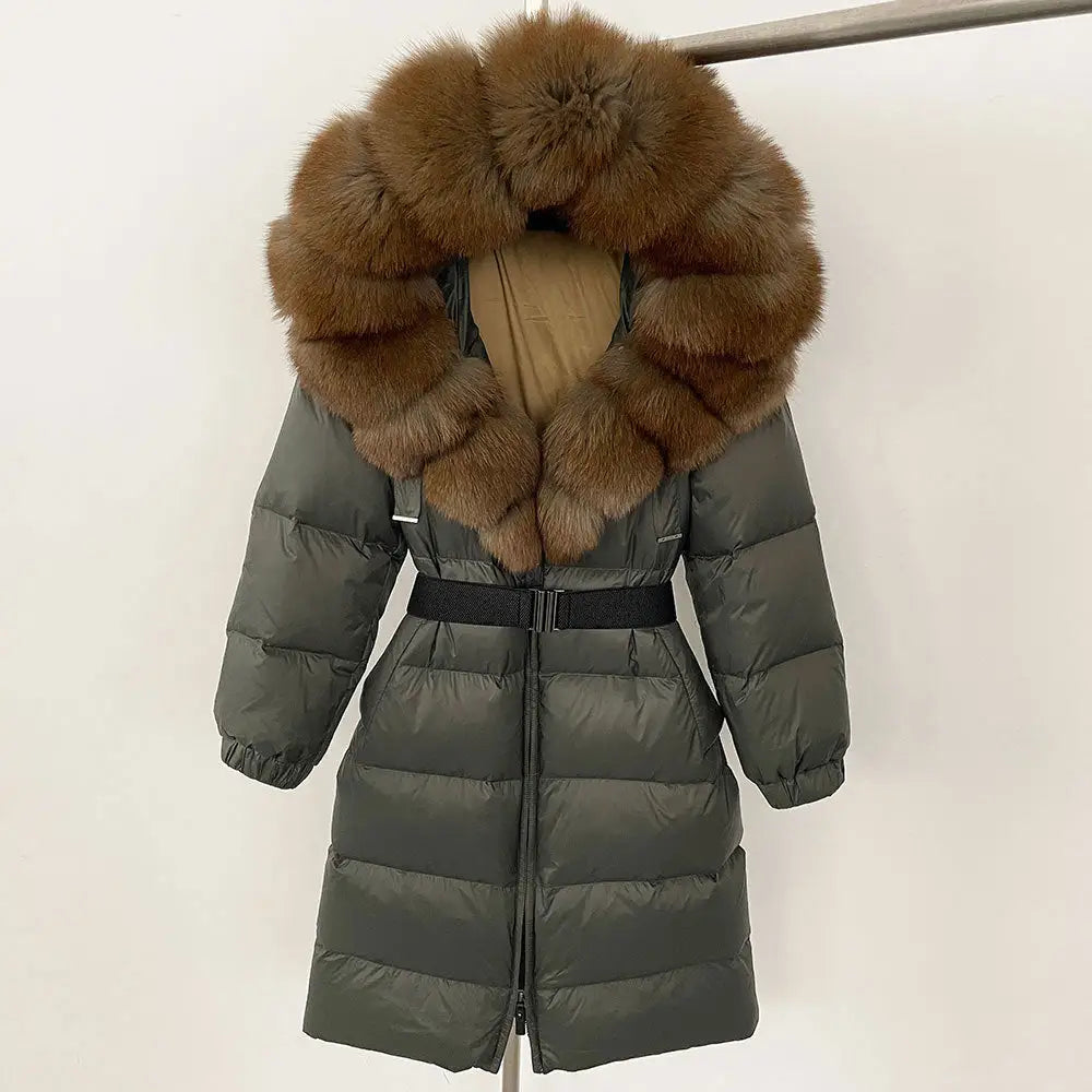 Olive green down coat with fur-trimmed hood.