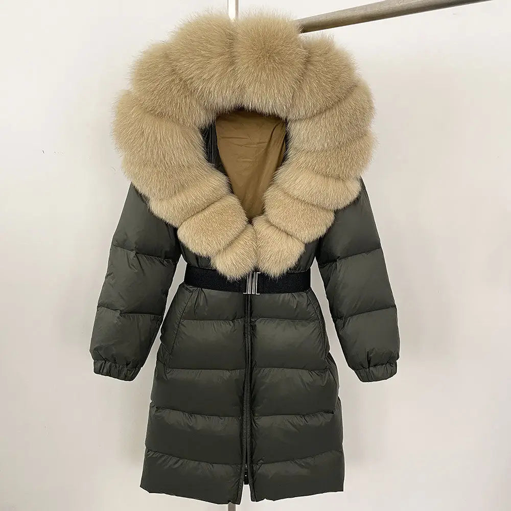 Olive green down coat with fur-trimmed hood.