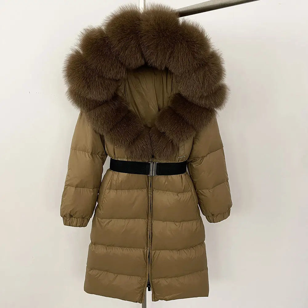 Tan puffer coat with fur-trimmed hood.