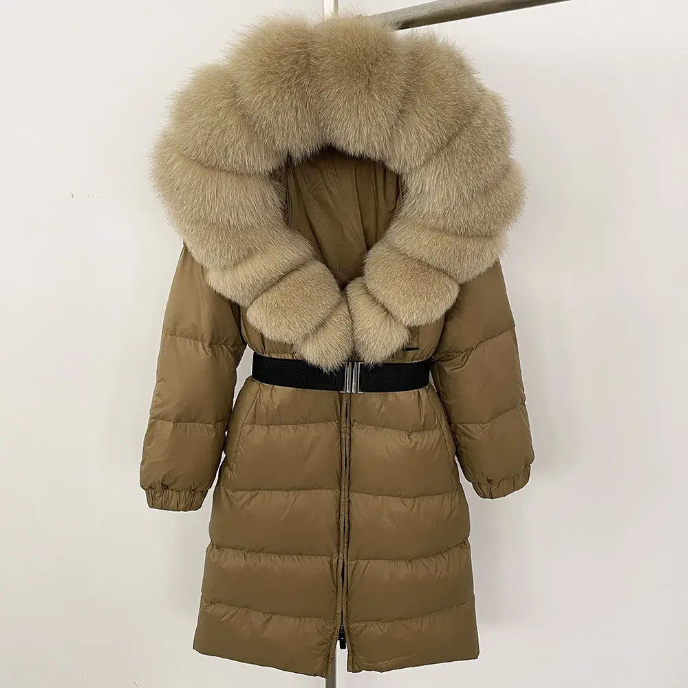 Tan puffer coat with fur-trimmed hood.