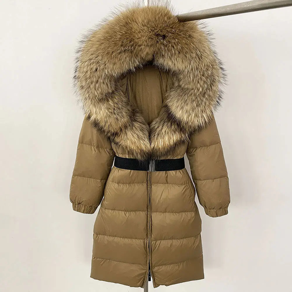 Tan puffer coat with fur-trimmed hood.