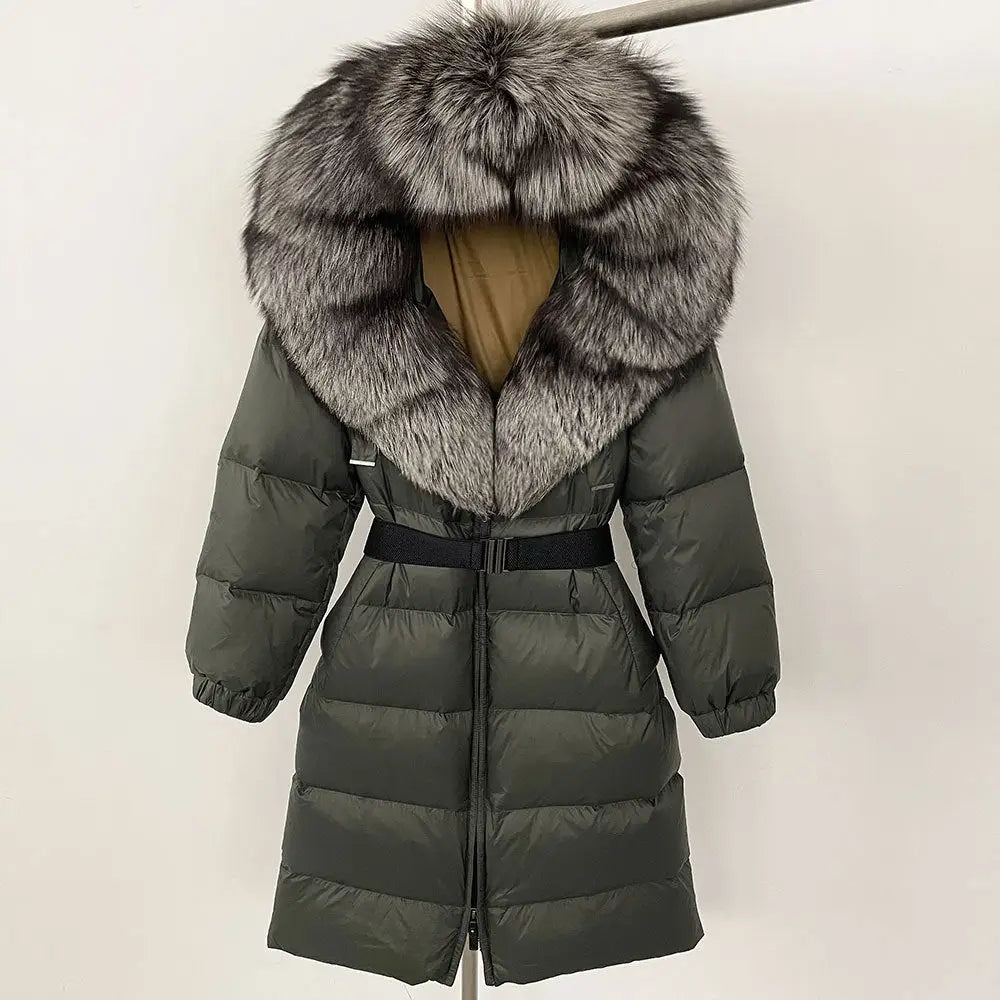 Olive green down coat with fur-trimmed hood.