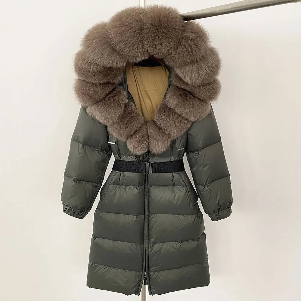 Olive green puffer coat with fur-trimmed hood and belted waist.