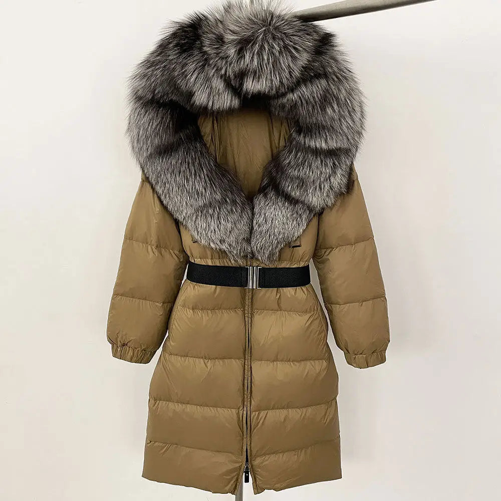 Tan puffer coat with fur-trimmed hood and black belt.