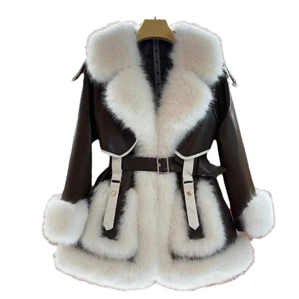 Brown and white faux fur belted coat.