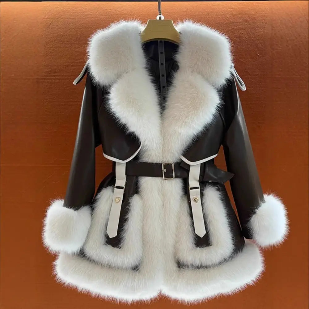 Brown and white fur-trimmed coat.
