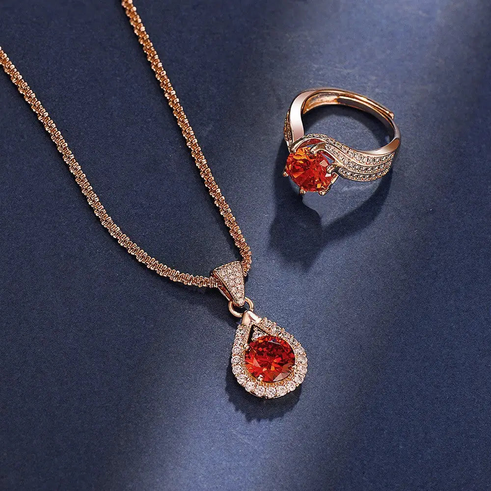 Garnet Glow Champagne Gold Necklace - Necklace Ring Suit