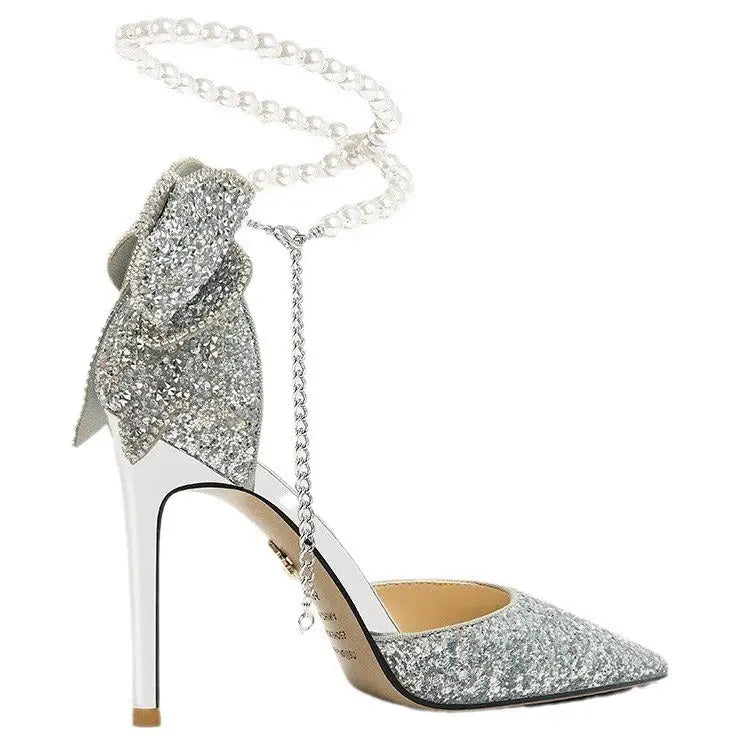 Glam Black Paillette Bow Pointed Heels