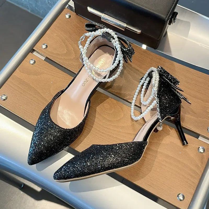 Glam Black Paillette Bow Pointed Heels - Black 9cm / 35