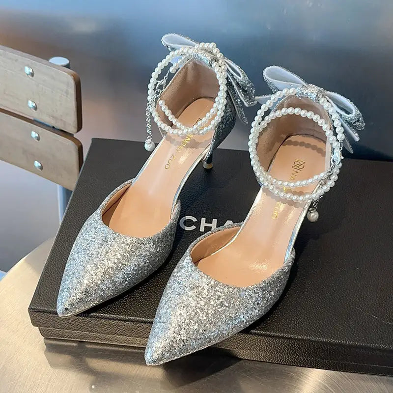 Glam Black Paillette Bow Pointed Heels - Silver 7cm / 35