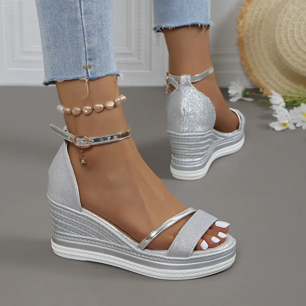 GlamStep: Rhinestone Peep Toe Sandals - Silver / 36